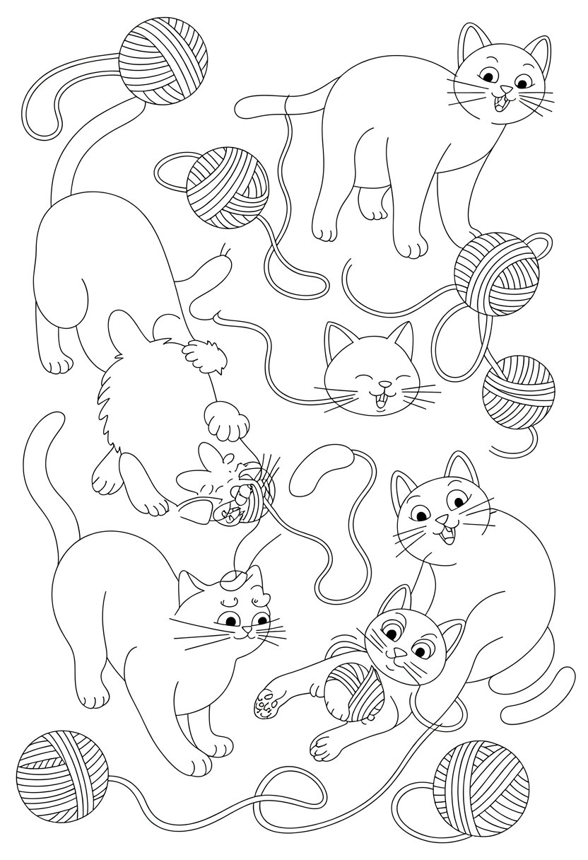 Printable Cute Cat Coloring Pages 20 Best Designs for All Ages 25 Several playful cats interacting with yarn balls in a lively scene.